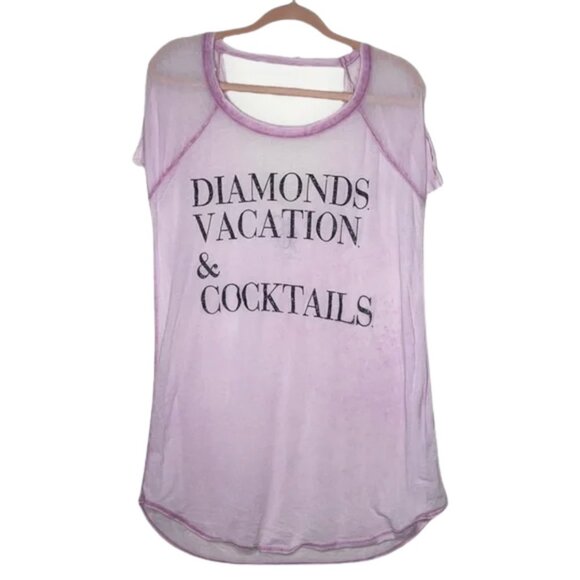 Chaser Tops - NEW Chaser Diamonds Vacation & Cocktails Distressed Pink Black Glitter Tee Sz. M